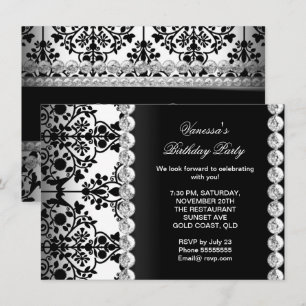 Invitación Fiesta de Cumpleaños Damask Plata Negro Blanco Flo
