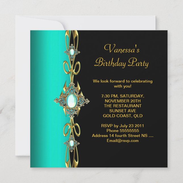 Invitación Fiesta de Cumpleaños Damask Verde Azul Turquesa Do (Anverso)