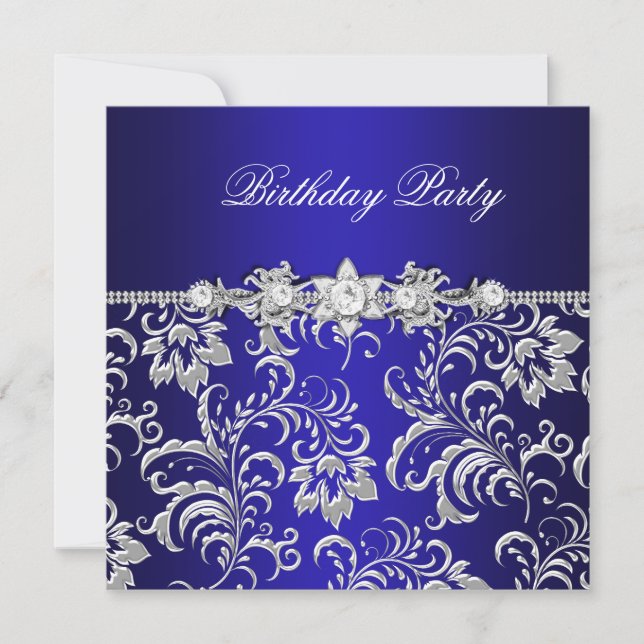 Invitación Fiesta de cumpleaños Dark Blue Floral Damask Silve (Anverso)