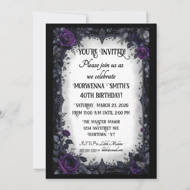 Invitación Fiesta de cumpleaños Dark Goth con rosas púrpuras (Anverso)