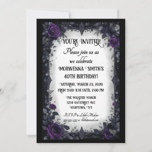 Invitación Fiesta de cumpleaños Dark Goth con rosas púrpuras