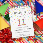 Invitación Fiesta de cumpleaños de 11 años del arcoiris, 11 c<br><div class="desc">¡Invitaciones a la fiesta de cumpleaños 11 años del arcoiris! Con los detalles de su fiesta de 11 años o chica y un "11" en confetti,  con círculos de confetti de color arcoiris divertidos rociando desde lo alto de estas lindas invitaciones.</div>