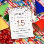 Invitación Fiesta de cumpleaños de 15 años, cumpleaños 15<br><div class="desc">¡Invitaciones a la fiesta de cumpleaños 15 años del arcoiris! Con los detalles de su fiesta de 15 años o chica y un "15" en confetti,  con círculos de confetti de color arcoiris divertidos rociando desde lo alto de estas lindas invitaciones.</div>