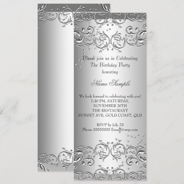 Invitación Fiesta de cumpleaños de 3 diamantes plateados (Anverso / Reverso)