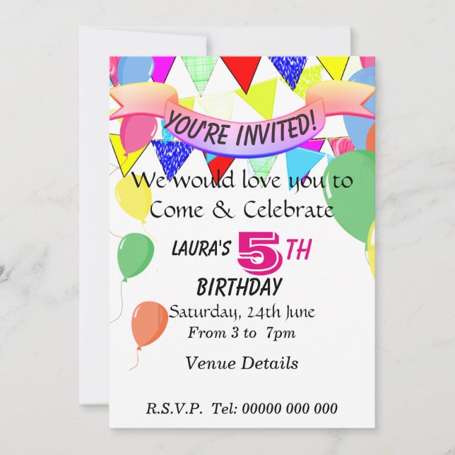 Invitación Fiesta de cumpleaños de 5 años (Anverso)