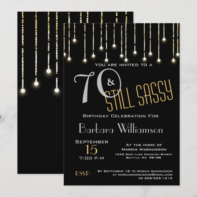 Invitación Fiesta de cumpleaños de 70 brillantes luces de oro (Anverso / Reverso)