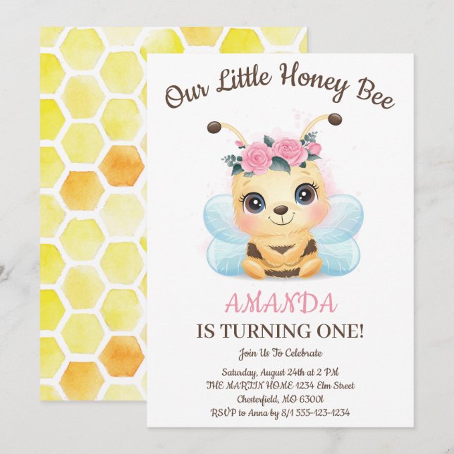 Invitación Fiesta de cumpleaños de abeja de miel floral acuar (Anverso / Reverso)