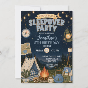 Invitación Fiesta de cumpleaños de acampada azul