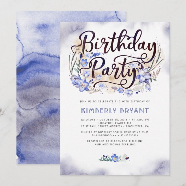 Invitación Fiesta de cumpleaños de acuarela con guiones flora (Anverso / Reverso)