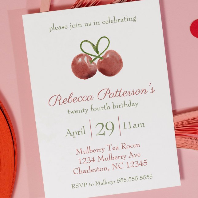 Invitación Fiesta de cumpleaños de acuarela Coquette de cerez (cherry coquette aesthetic heart birthday party invitation cute watercolor cherry first birthday )