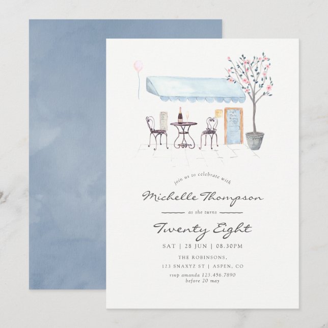 Invitación Fiesta de cumpleaños de acuarela de Café de París  (Anverso / Reverso)