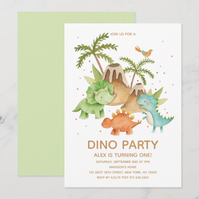 Invitación Fiesta de cumpleaños de acuarela de dinosaurio lin (Anverso / Reverso)