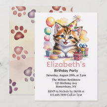 Fiesta de Cumpleaños de Acuarela de Gatito Adorabl