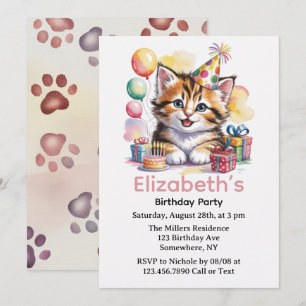 Invitación Fiesta de Cumpleaños de Acuarela de Gatito Adorabl