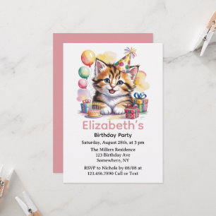 Invitación Fiesta de Cumpleaños de Acuarela de Gatito Adorabl