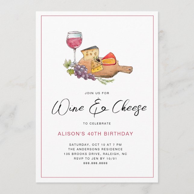 Invitación Fiesta de cumpleaños de acuarela de vino y queso (Anverso)