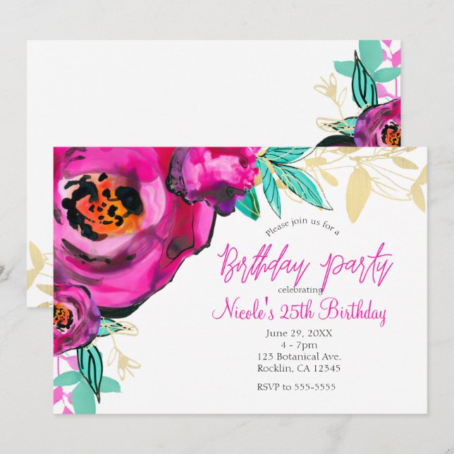 Invitación Fiesta de cumpleaños de acuarela floral moderna y  (Anverso / Reverso)