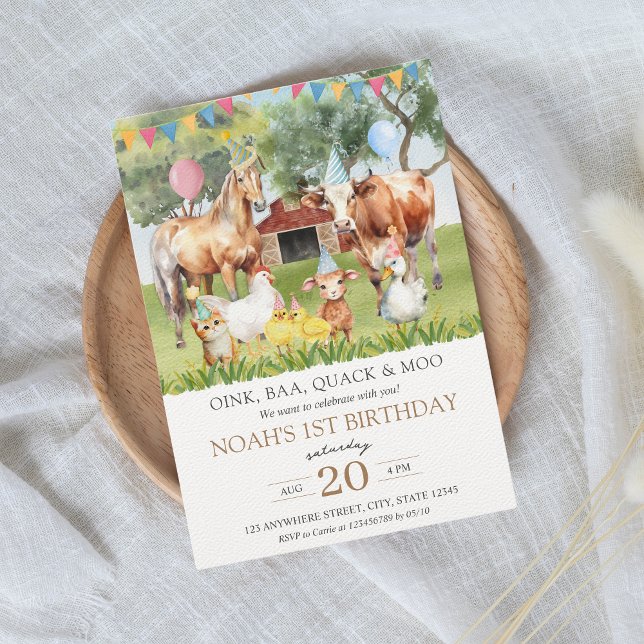 Invitación Fiesta de cumpleaños de acuarela para animales de  (Party farm animals kids birthday party invitation)