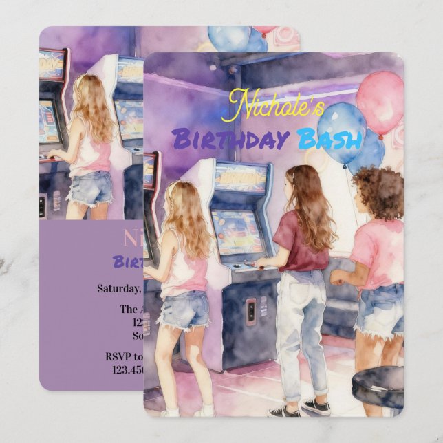 Invitación Fiesta de cumpleaños de adolescente con acuarela n (Anverso / Reverso)