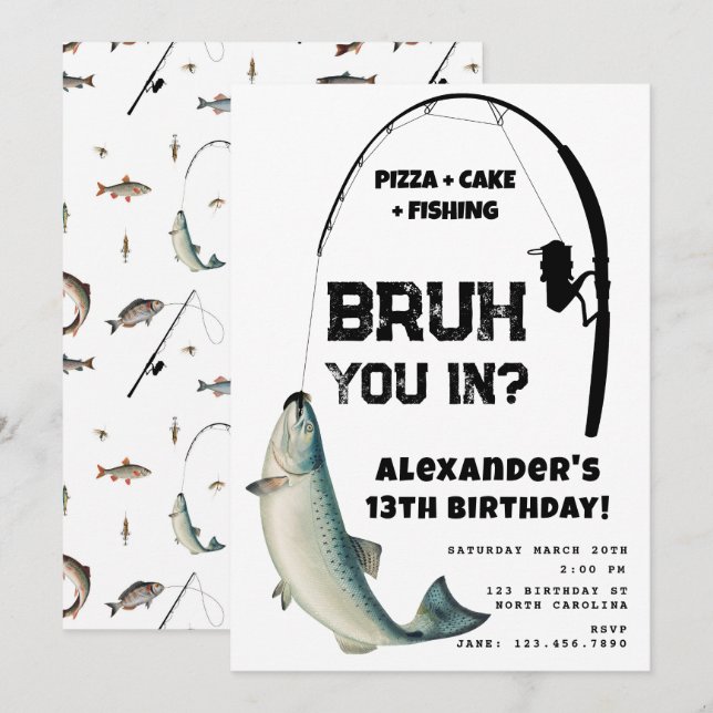 Invitación Fiesta de Cumpleaños de Adolescente Pescador Bruh (Anverso / Reverso)