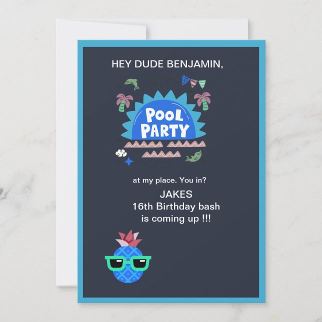 Invitación fiesta de cumpleaños de adolescente tipo pool (Anverso)