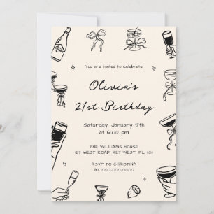 Invitación Fiesta de cumpleaños de adulto dibujada a mano neg