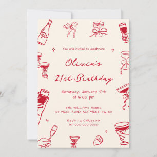 Invitación Fiesta de cumpleaños de adulto dibujada a mano roj