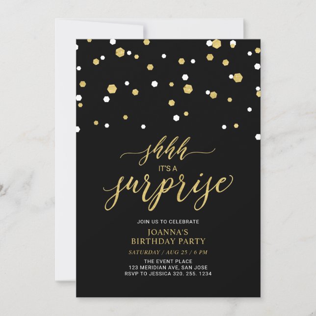 Invitación Fiesta de Cumpleaños de Adultos con Confeti Negro  (Anverso)