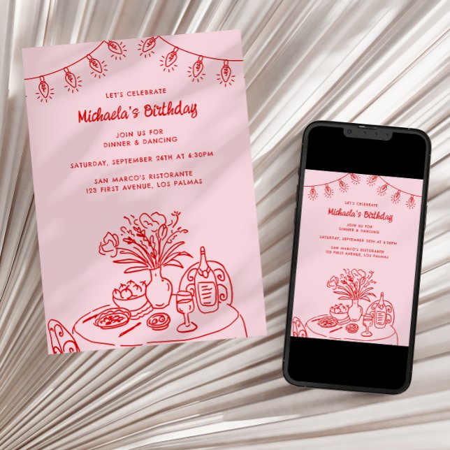 Invitación Fiesta de cumpleaños de adultos con Doodle Table & (Subido por el creador)