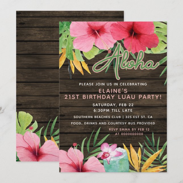 Invitación Fiesta de cumpleaños de adultos de LUAU tropical