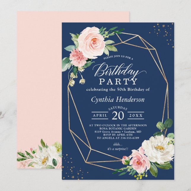 Invitación Fiesta de cumpleaños de adultos florales de la Mar (Anverso / Reverso)
