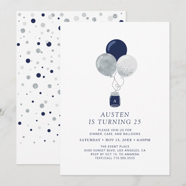 Invitación Fiesta de Cumpleaños de Adultos Moderna con Globos (Anverso / Reverso)