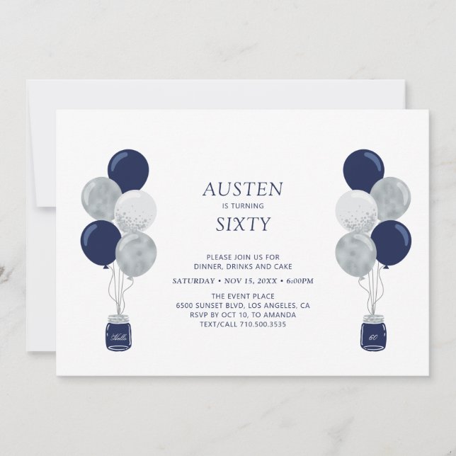 Invitación Fiesta de cumpleaños de adultos modernos con globo (Anverso)