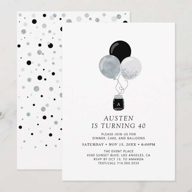 Invitación Fiesta de cumpleaños de adultos modernos con globo (Anverso / Reverso)