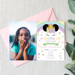 Invitación Fiesta de cumpleaños de Afro Puff Unicorn y Rainbo
