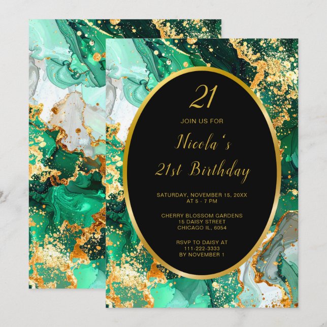 Invitación Fiesta de cumpleaños de ágata de mármol verde esme (Anverso / Reverso)