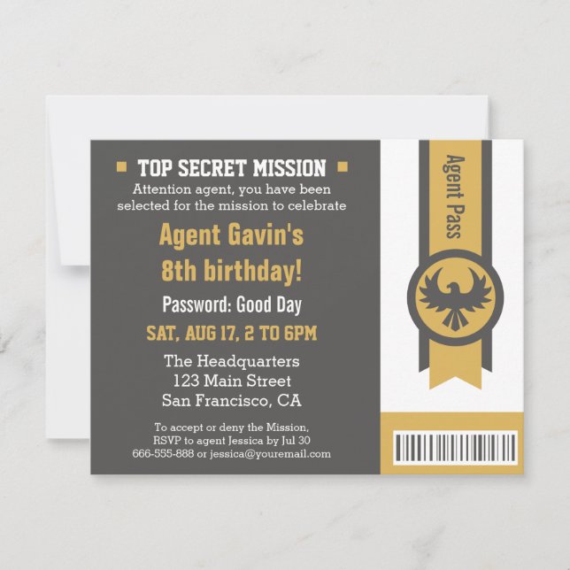 Invitación Fiesta de cumpleaños de agente secreto de Guay (Anverso)