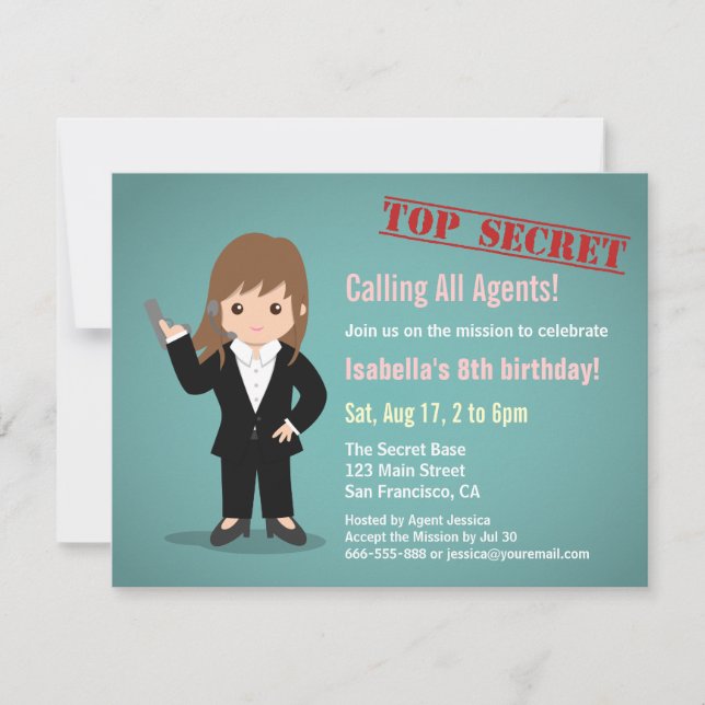 Invitación Fiesta de Cumpleaños de Agente Secreto Mujer (Anverso)