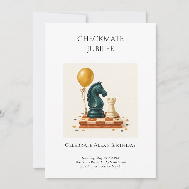 Invitación Fiesta de cumpleaños de ajedrez Jubileo Jaque Mate (Anverso)