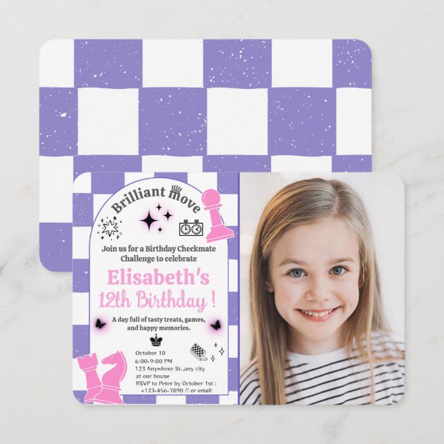 Invitación Fiesta de cumpleaños de ajedrez para su foto de Pe (Anverso / Reverso)