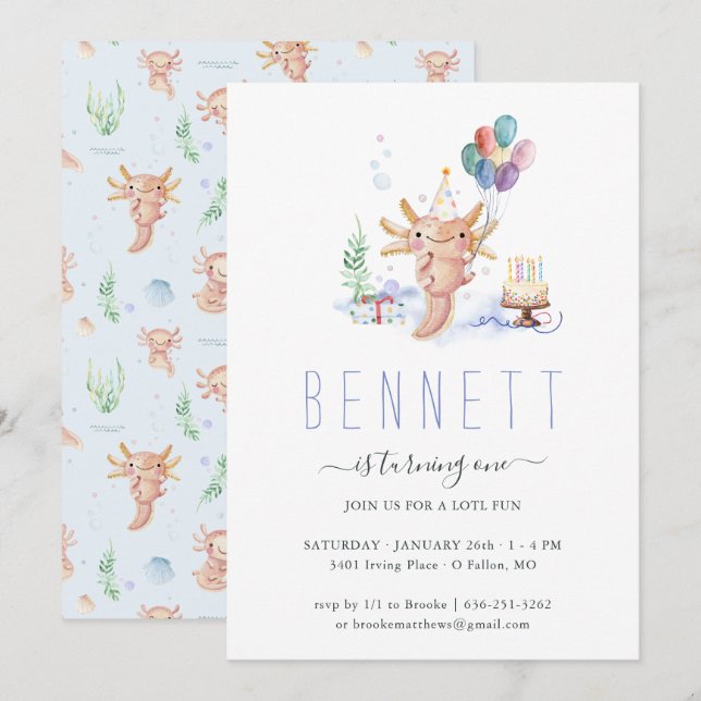 Invitación Fiesta de Cumpleaños de Ajolote con Acuarela Adora (Anverso / Reverso)