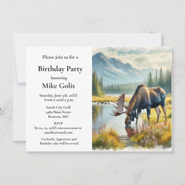 Invitación Fiesta de cumpleaños de alce con acuarela (Anverso)