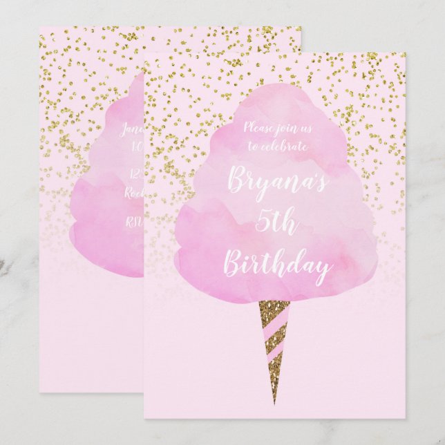 Invitación Fiesta de Cumpleaños de Algodón de Azúcar Rosa y C (Anverso / Reverso)