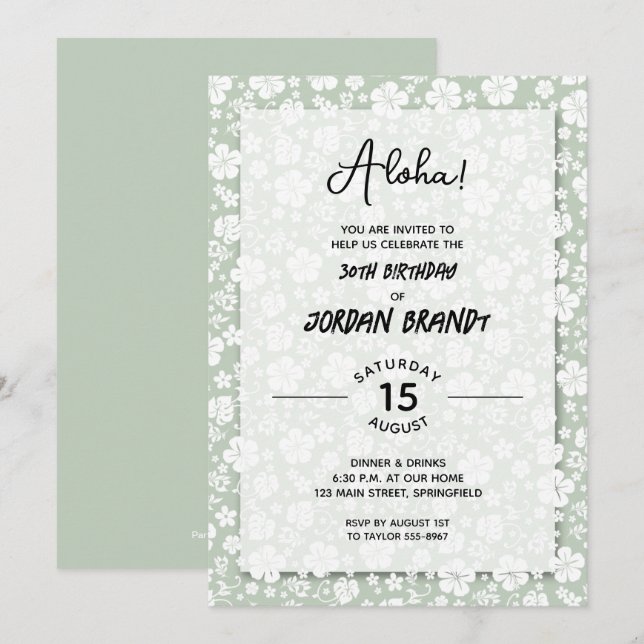 Invitación Fiesta de cumpleaños de Aloha Hawaiian Floral Sage (Anverso / Reverso)