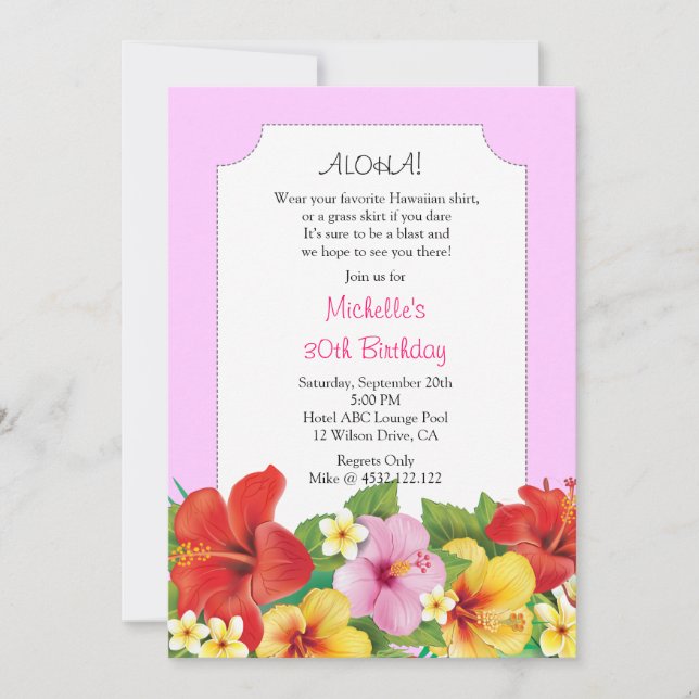 Invitación Fiesta de cumpleaños de Aloha Luau Rosa (Anverso)