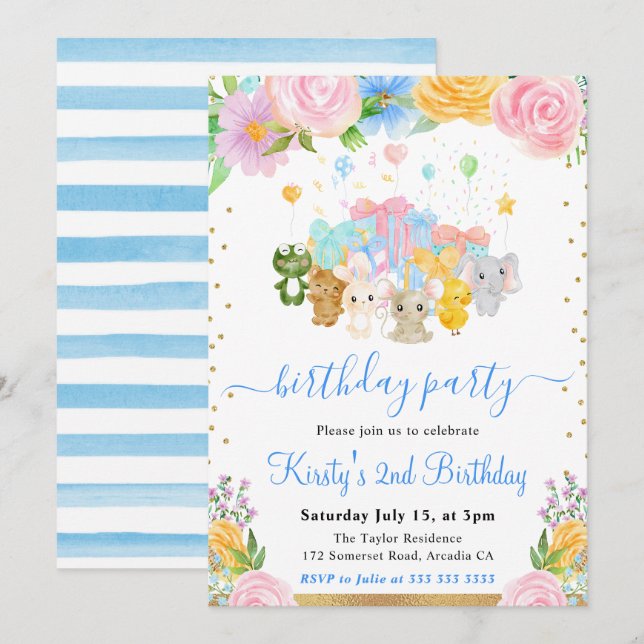Invitación Fiesta de Cumpleaños de Amigos Animales Florales c (Anverso / Reverso)