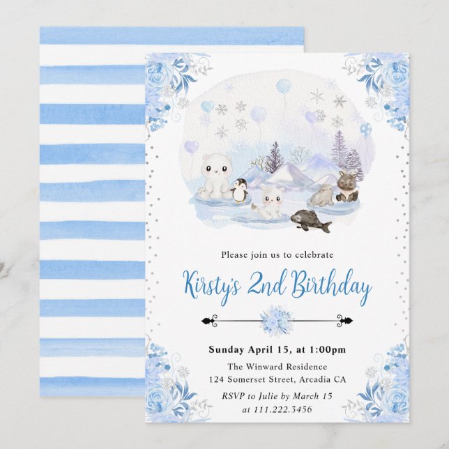 Invitación Fiesta de Cumpleaños de Animales Árticos de Acuare (Anverso / Reverso)