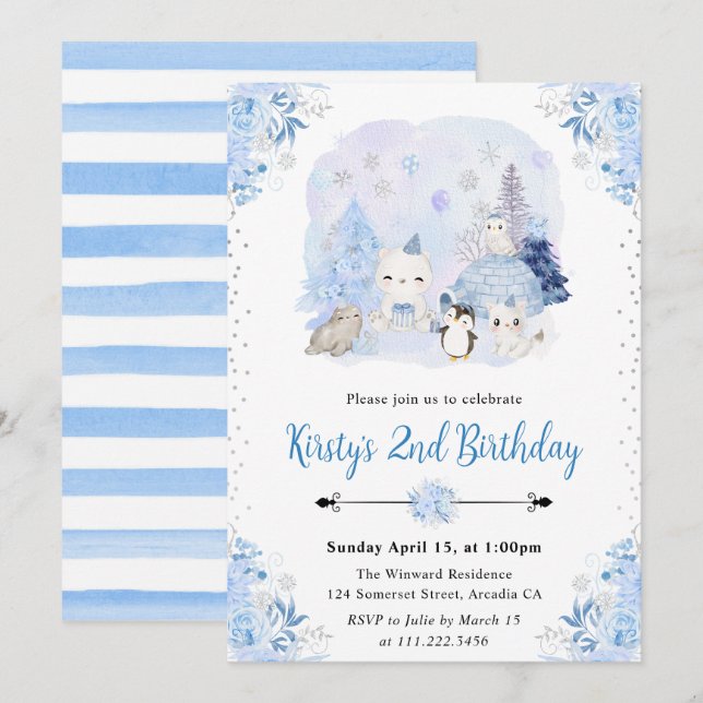 Invitación Fiesta de Cumpleaños de Animales Árticos de Invier (Anverso / Reverso)