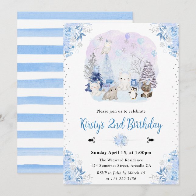 Invitación Fiesta de Cumpleaños de Animales Árticos de Invier (Anverso / Reverso)