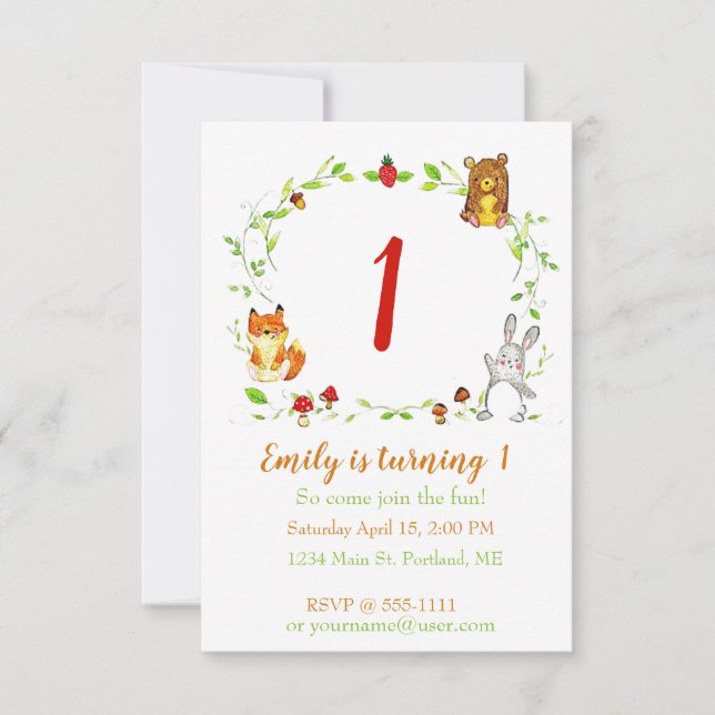 Invitación Fiesta de cumpleaños de animales bebés del bosque  (Anverso)